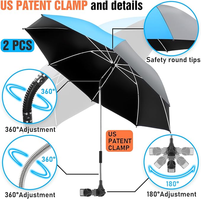 2 Pack Beach Umbrella with 360 Universal Clamp, UPF50+ Umbrella Outdoor Patio Sun Protection for Chairs, Beach &Patio Use (Not Include Chair)
