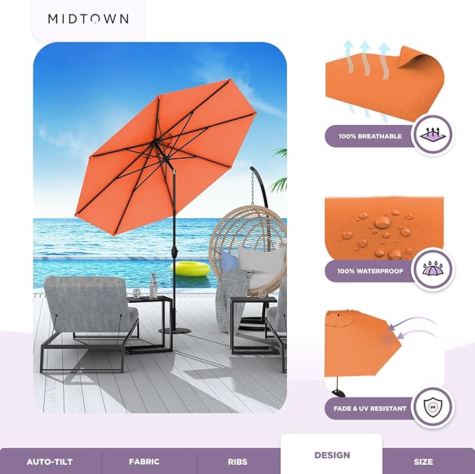Midtown Umbrellas - 10-Year-No-Fade 9 Ft Patio Umbrella with Terylast Fabric, Auto-Tilt Aluminum Frame and 8 Reinforced Ribs for Deck, Pool, Garden & Beach - Tangerine Canopy, Black Pole