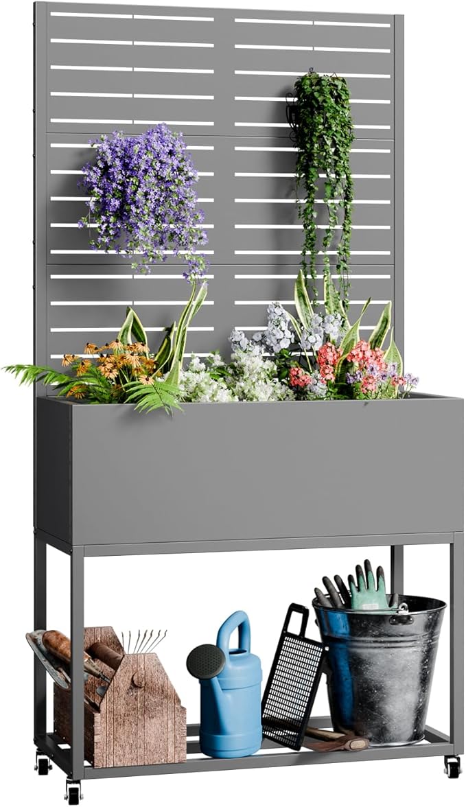 Metal Planter Box, Multi-Functional & Easy to Assemble, 67" H x 35" W Raised Garden Bed for Climbing Plants, Elevated Standing Garden Planter with Drainage Holes for Outdoor Patio, Grey