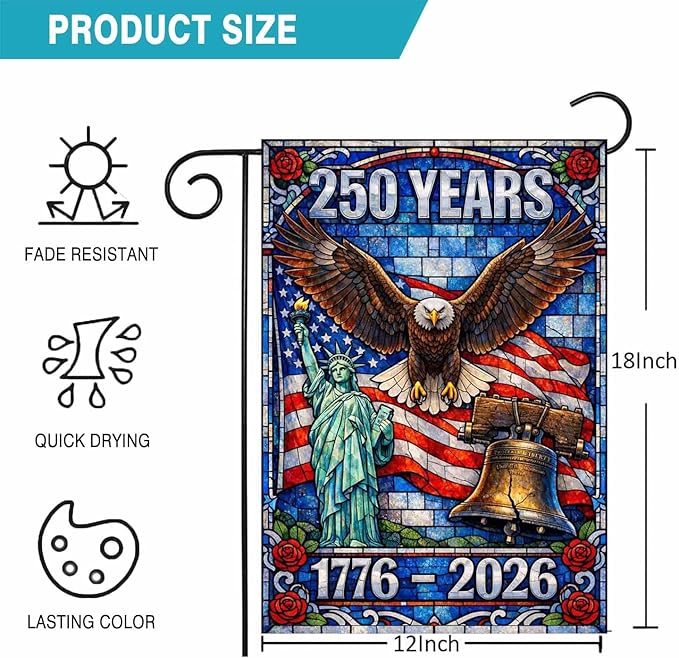 250 Years Anniversary Garden Flag for Outside, Stained Glass 250th Anniversary USA Flag Double-Sided with Eagle Design, 1776-2026 Patriotic 4th of July Decorations, 12 x 18 Inch