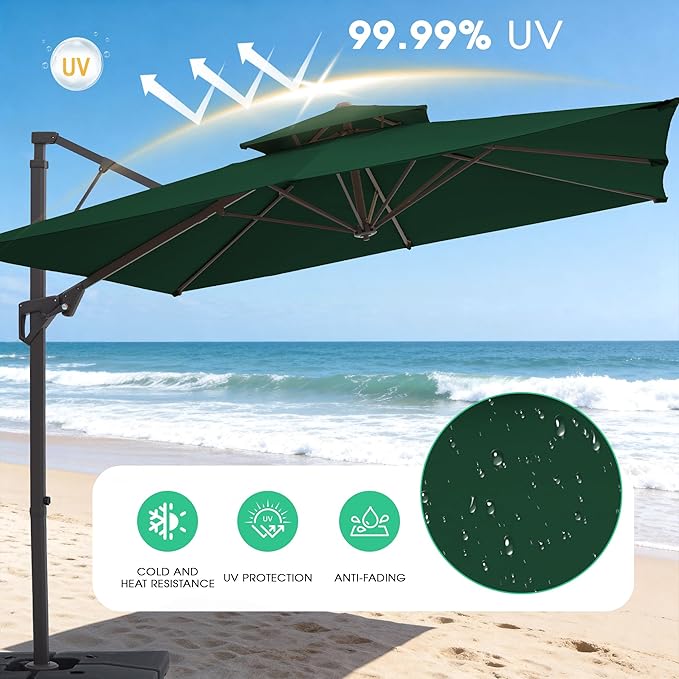 JEAREY 10ft Cantilever Patio Umbrella Outdoor Square Large Offset Umbrella Double Top Roating Heavy Duty Sun Umbrella for Patio Lawn Garden Backyard and Pool,Dark Green