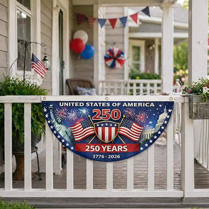 2 Pack 250th Anniversary Bunting Flag 35x18 Inch – Patriotic USA Fan Banner 1776-2026, Outdoor Half Circle Polyester Flags with Brass Grommets for Porch, Fence, Window, Independence & Memorial Day Decor