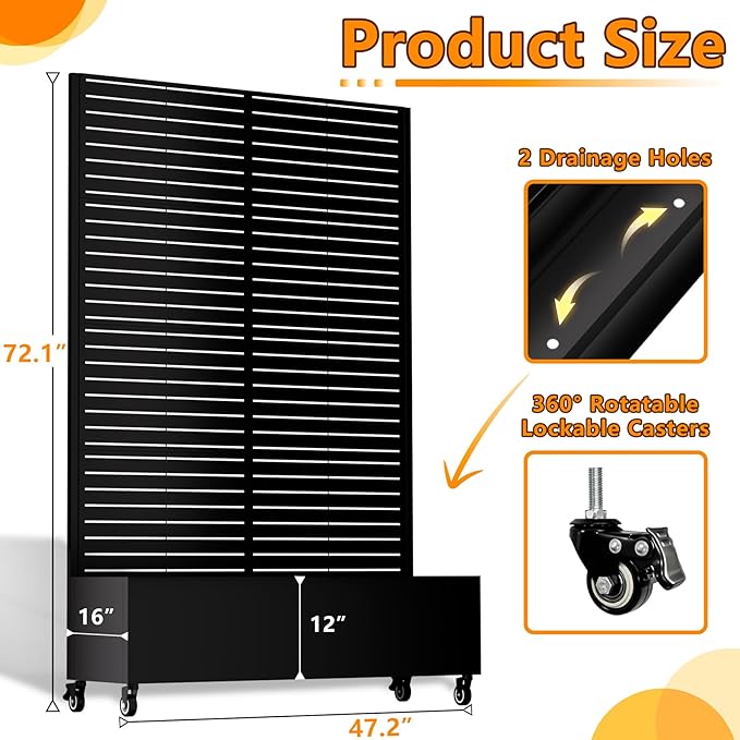 Metal Planter Box with Trellis, 72.1"x47.2"x16" Outdoor Galvanized Raised Garden Bed with Privacy Screen & Drainage Holes & Lockable Casters for Climbing Plants, Vegetable (Louvered-Black1)