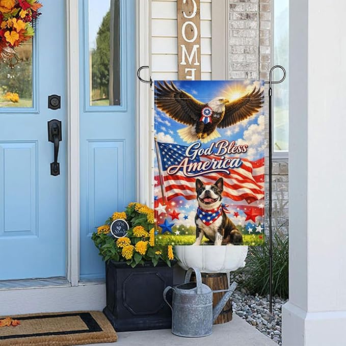 Patriotic Boston Terrier Garden Flag 12x18 Inch,American Independence Day Outdoor Yard USA Flag Funny Animal,Red White Blue 4th of July Lawn Porch Double Sided Outside Decor