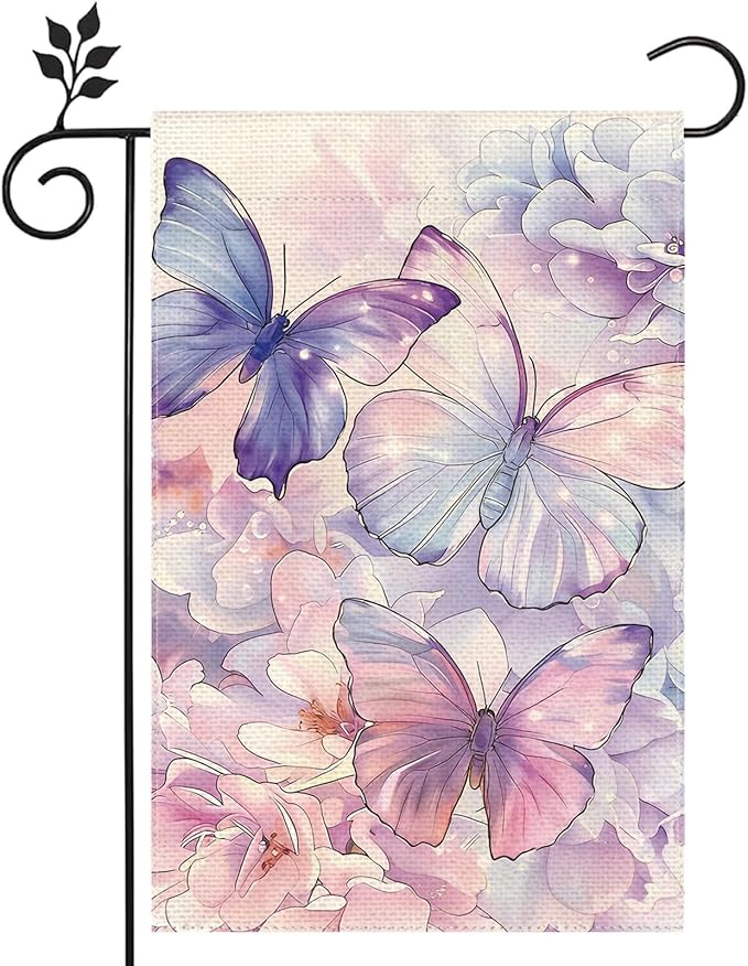 Butterfly Flowers Spring Garden Flag 12x18 inches Double-sided Burlap Fabric Outdoor Courtyard Lawn Farmhouse Home Summer Flag Decoration