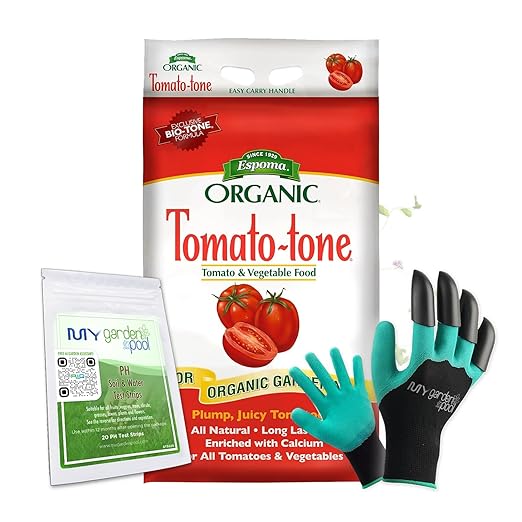 Espoma TO18 Organic Tomato-Tone 3-4-6; 18 lb. Bag with 8% Calcium with My Garden Pool PH Soil Test Strips 20 ct, and Superior Gardening Claw Gloves and Garden-IQ, Smart Gardening AI Assistant!