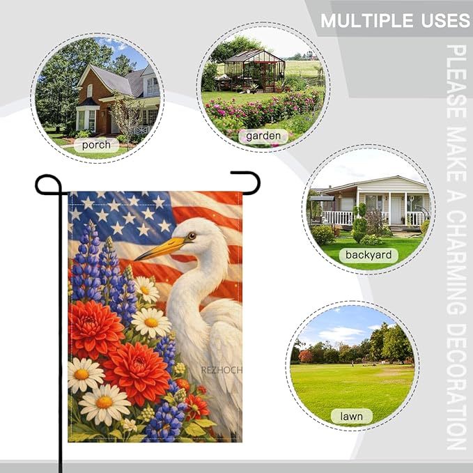 Patriotic Egret Garden Flag 28x40 Inch,USA Flag Floral Animal Outdoor Yard Red White Blue Decor,Double Sided Seasonal Lawn Porch Farm Independence Day Holiday Gift