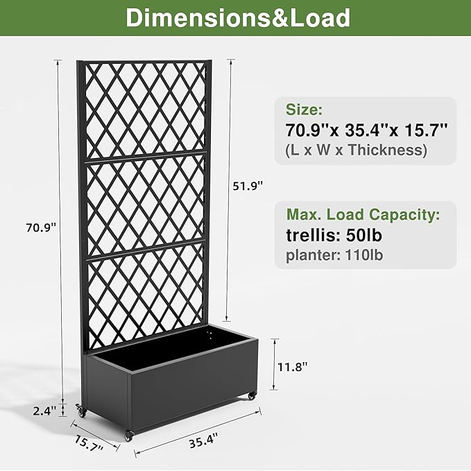 Casaphoria 72"x35" Metal Raised Garden Bed with Trellis(2 Pack), Outdoor Planter Box with Wheels & Drainage Holes for Climbing Plants, Flowers, Elevated Garden Kit with Privacy Screen, Black-Laurence