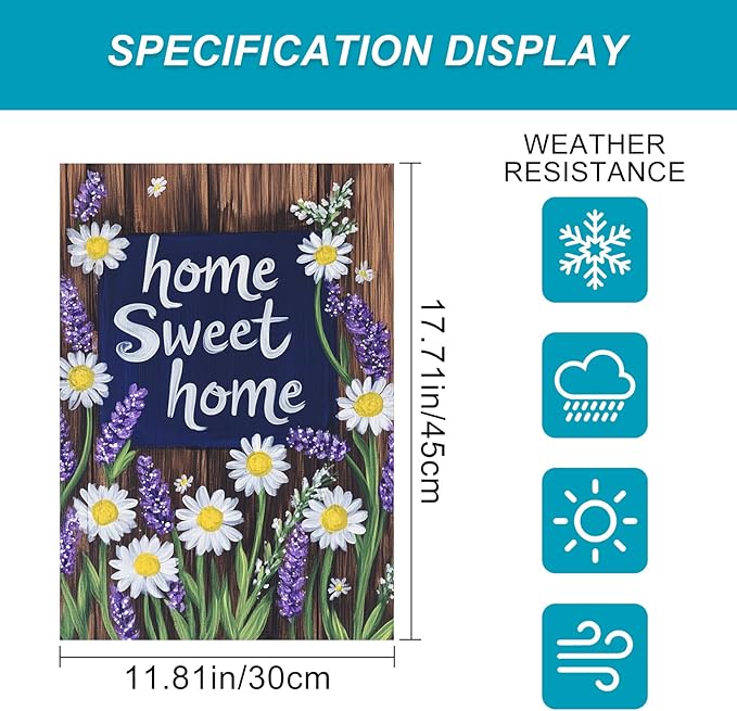 BlissYard Home Sweet Home Garden Flag 12x18 Inch Welcome Yard Flag with Daisy and Lavender Flowers Double Sided Outdoor Floral Banner for Porch Patio Spring Summer Garden Decor