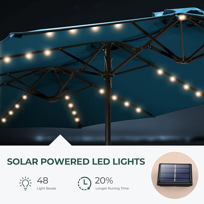 Double Sided Patio Umbrellas - 15ft Solar Lights LED Lighted Outdoor Extra Large Market Table Umbrella with Base Included, Oversized Umbrella for Deck, Pool, Backyard