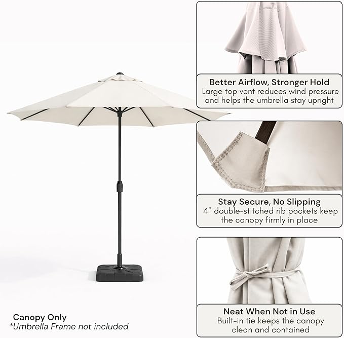 Formosa Covers 9ft 6 Ribs Market Patio Umbrella Replacement Canopy - Top Canvas - 600D UV Protective and Water Resistant Umbrella Fabric - Premium Replacement Canopy Cover ONLY (Off White)