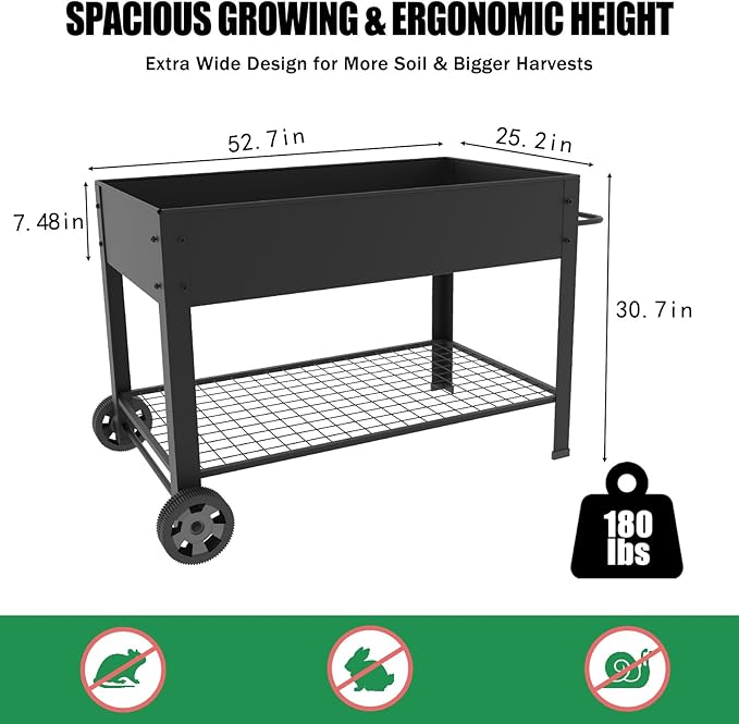 aboxoo Large Planter Raised Beds with Legs Outdoor Metal Planter Box on Wheels Elevated Garden Bed for Vegetables Flower Herb Patio (49" L x 25" W x 31" H)