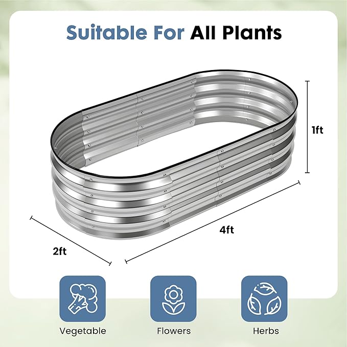DUMOS 4x2x1ft Galvanized Raised Garden Bed, Outdoor Planter Box with Open Bottom Design, Metal Large Garden Bed for Vegetables, Herbs & Flowers, Rustproof for Backyard & Patio, Silver