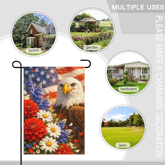 Patriotic Bald Eagle Garden Flag 28x40 Inch,USA Flag Floral Animal Outdoor Yard Red White Blue Decor,Double Sided Seasonal Lawn Porch Farm Independence Day Holiday Gift