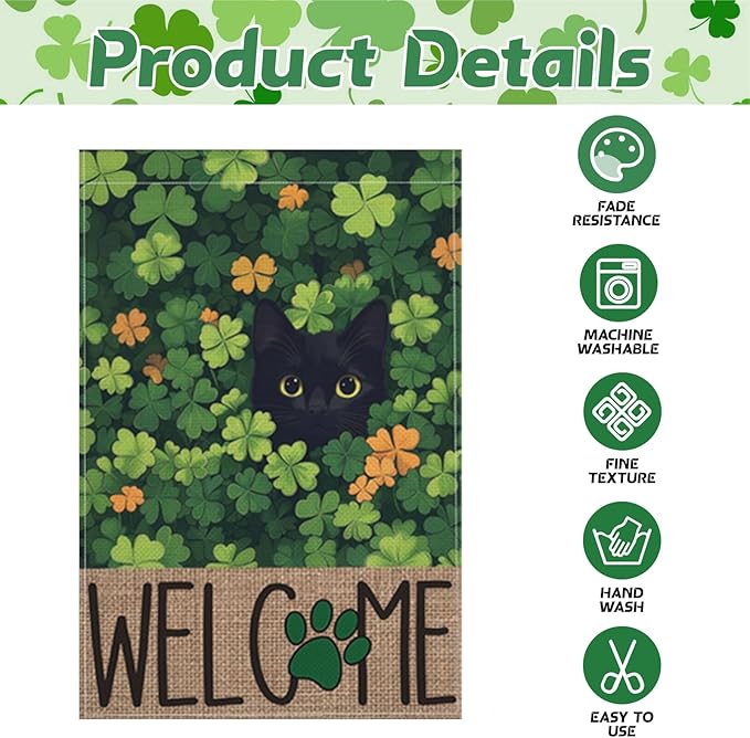 St Patricks Day Garden Flag, 12x18 Inch Double Sided Shamrock Black Cat Welcome Paw Print Design Home Decor Farmhouse Indoor Outdoor Yard Flag Decoration