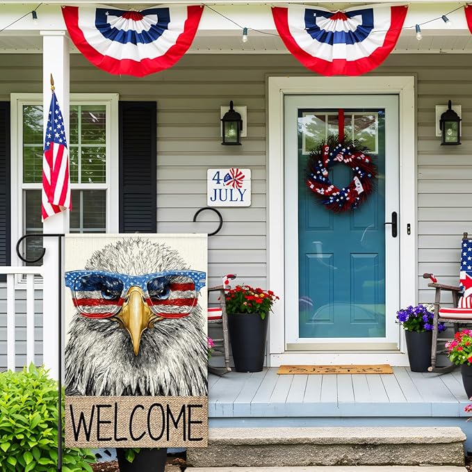 Independence Day Garden Flag for Outside,American Eagle Welcome Yard Flags for 4th of July Patriotic Memorial Day Lawn Porch Outdoor Decorations 12x18 Double Sided
