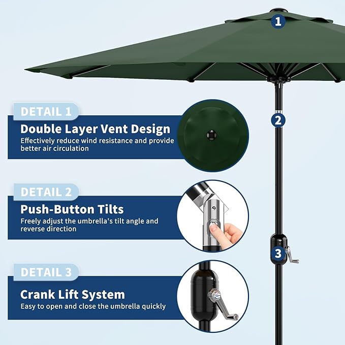 9 ft Patio Umbrella - 8 Sturdy Ribs Outdoor Table Umbrella with Crank Lift & Push Button Tilt - Market Umbrella for Pool, Deck, Yard, Garden - Dark Green