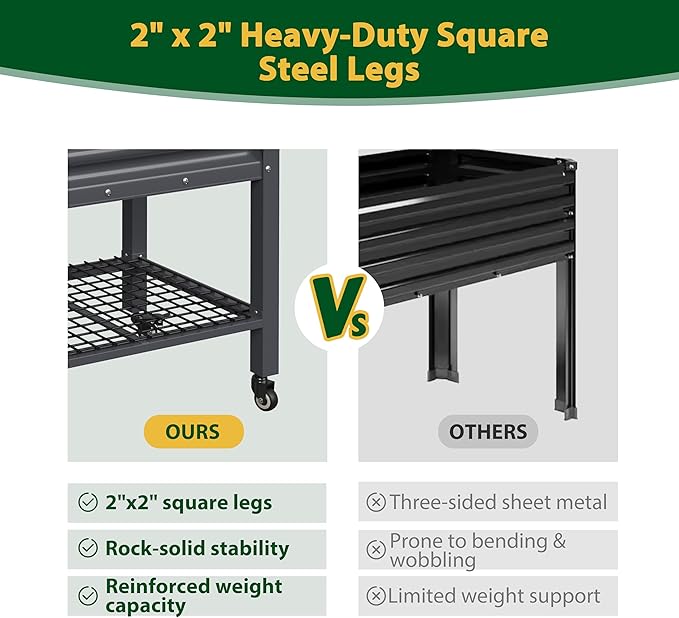 BlueWish 48" W x 24" D x 34" H Outdoor Galvanized Garden Bed, Elevate Raised Bed with Detachable Black Liner, Rolling Casters, Storage Shelf, Planter Boxes for Gardening, Vegetable, Flower, Grey