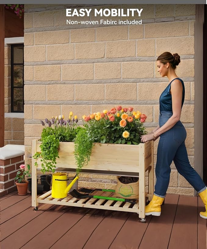 Wooden Plant Bed, Raised Garden Bed with Wheels, Storage Shelf & Protective Liner, Mobile Plant Bed for Vegetables, Herbs & Flowers, for Indoor Outdoor Garden Patio Balcony