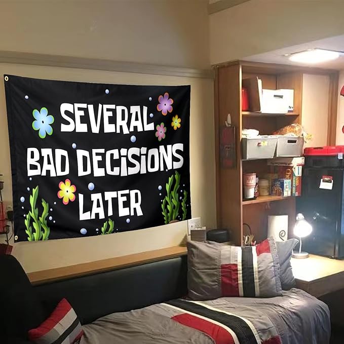 ZKflager Several Bad Decisions Later Flag Cool Funny Flags For Room Guys Meme Banner 3x5 Feet College Dorm Bedroom Wall Man Cave Frat Black Background