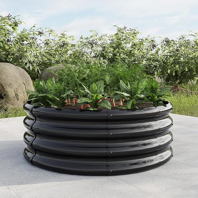 Round Galvanized Raised Garden Bed kit, Steel Fire Pit Ring Flower Planter Metal Above Ground Boxes Kit Patio Ground Planter for Planting Vegetables and Herb,Black,32.1"×11.4"