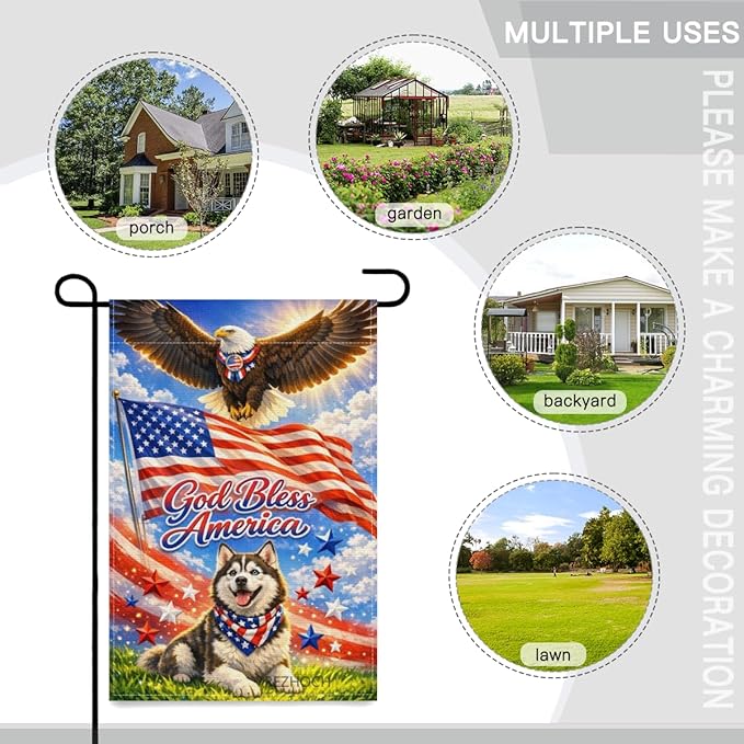 Patriotic Husky Garden Flag 12x18 Inch,American Independence Day Outdoor Yard USA Flag Funny Animal,Red White Blue 4th of July Lawn Porch Double Sided Outside Decor
