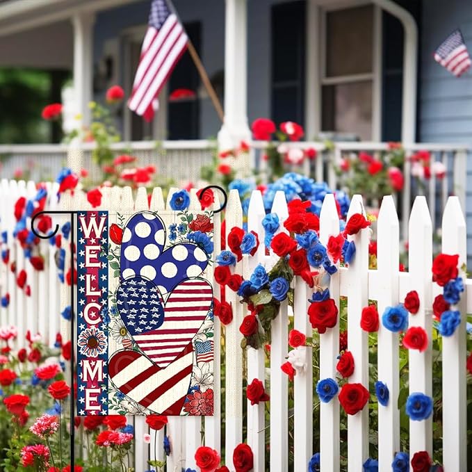 Independence Day Garden Flag for Outside,4th of July Patriotic Welcome Yard Flags,American Stars and Stripes Love Heart Memorial Day Lawn Porch Outdoor Decor 12x18 Double Sided