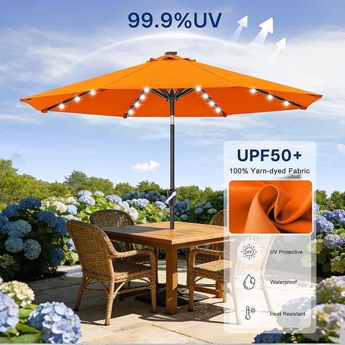 ABCCANOPY Durable Solar Led Patio Umbrellas with 32LED Lights 9FT (Orange)