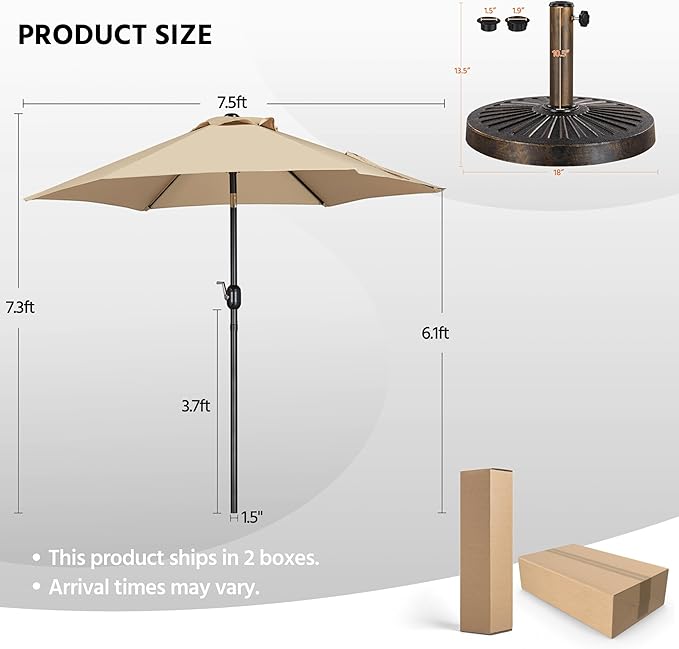 Yaheetech 7.5FT Patio Umbrella Outdoor with Heavy Duty Base Included,Table Umbrella with Push Button Tilt and Crank, UV Protection Waterproof for Yard/Outdoor/Wedding Parties and Events - Tan