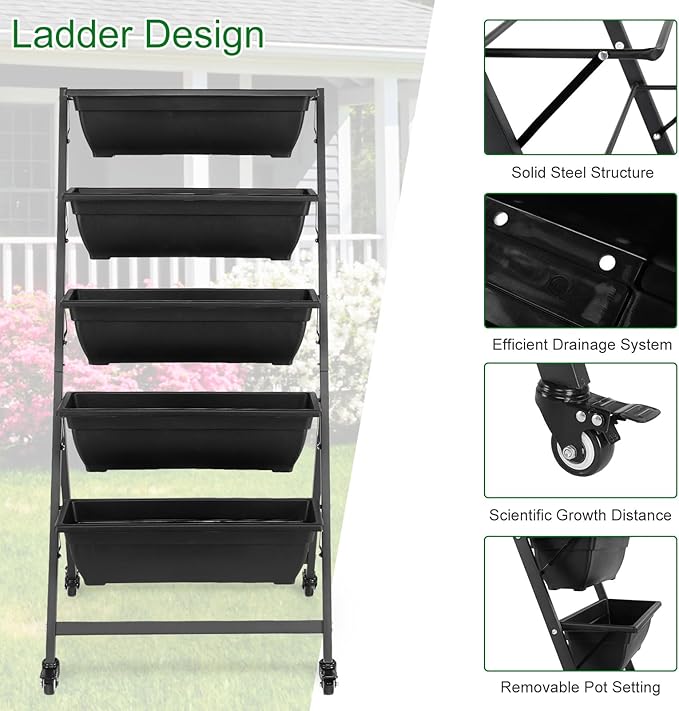 5 Tiers Vertical Elevated Raised Garden Beds,Metal Tiered Planter Stand,Indoor Outdoor Plant Display Rack,Vegetable Flower Raised Stands,with Wheels,for Patio Balcony Lawn Porch Backyard (Black)