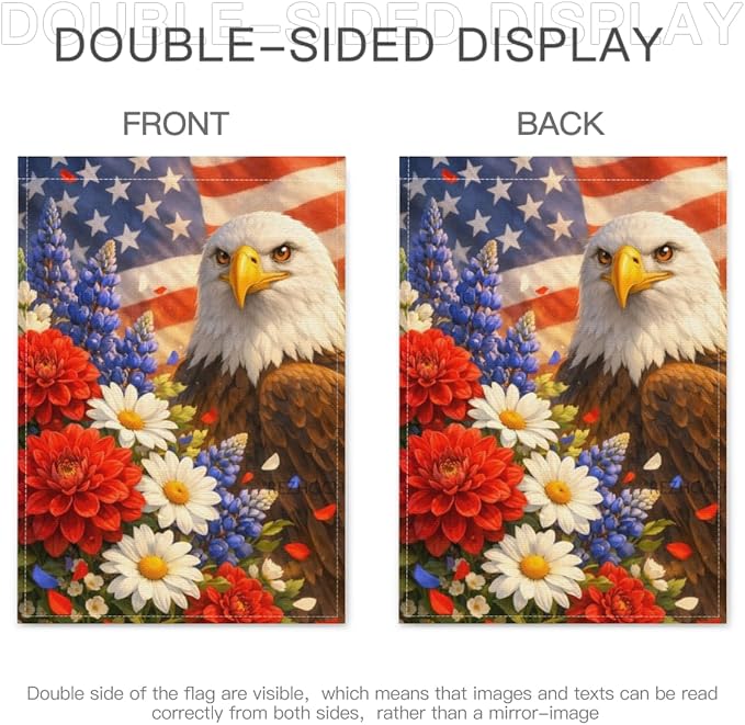 Patriotic Bald Eagle Garden Flag 28x40 Inch,USA Flag Floral Animal Outdoor Yard Red White Blue Decor,Double Sided Seasonal Lawn Porch Farm Independence Day Holiday Gift