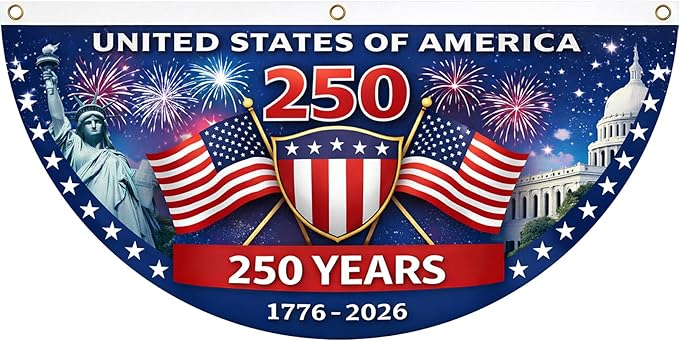 2 Pack 250th Anniversary Bunting Flag 35x18 Inch – Patriotic USA Fan Banner 1776-2026, Outdoor Half Circle Polyester Flags with Brass Grommets for Porch, Fence, Window, Independence & Memorial Day Decor