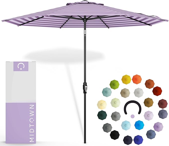 Midtown Umbrellas – The Swilt 8 Ft Patio Umbrellas with 360° Swivel & Tilt Mechanism, Fiberglass Ribs & Terylast Polyester Fabric for Backyard, Deck, Pool & Cafes - Midtown Stripes Canopy, Black Pole
