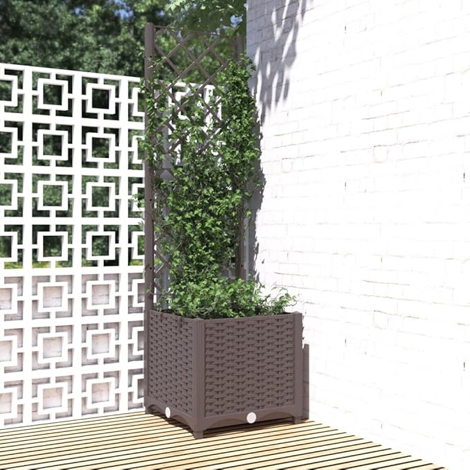Garden Planter with Trellis Brown 15.7"x15.7"x53.5" PP Elevated Garden Bed Raised Planter Box for Outdoor Use with Climbing Support for Tomatoes and Flowers