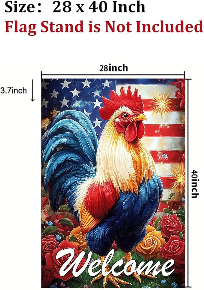 Large 4th of July Garden Flags 28 x 40 Double Sided, Burlap Holiday Rooster Welcome Independence Day Patriotic House Flags for Outside, Seasonal Fourth of July Outdoor Yard Decorations