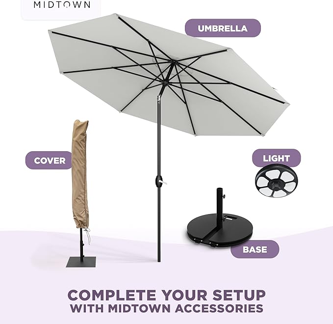 Midtown Umbrellas - 10-Year-No-Fade 9 Ft Patio Umbrella with Terylast Fabric, Auto-Tilt Aluminum Frame and 8 Reinforced Ribs for Deck, Pool, Garden & Beach - Off White Canopy, Black Pole