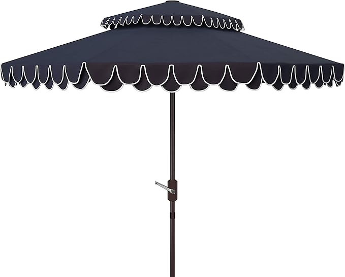 SAFAVIEH 9ft Outdoor Patio Umbrella, Double Top, Valance, Navy & White Trim, Double Top, Auto Crank Tilt, UV Resistant for Deck, Backyard, Poolside (PAT8206A)