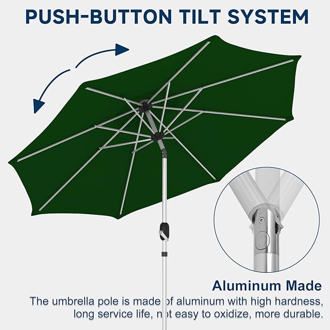 9FT Aluminum Outdoor Patio Umbrella, Fade-Resistant Market Umbrella with Push Button Tilt Function, 8 Sturdy All-Aluminum Ribs for Gardens, Patios, Backyards & Pools