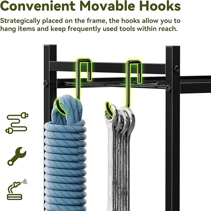 Garden Tool Organizer, Heavy Duty Yard Tool Holder Rack with Hooks and Pockets, Rolling Metal Garage Tool Storage Cart for Outdoor, Black