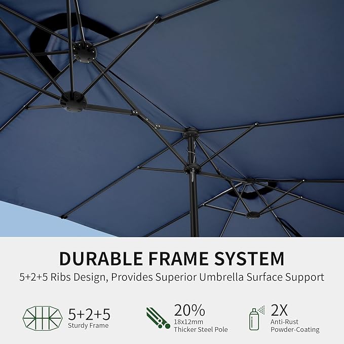 OLILAWN15ft Large Deck Umbrella with Base Included, Outdoor Patio Double-Sided Rectangle Market Umbrella with Aluminium Crank, 12 Sturdy Ribs, for Patio Deck Porch Garden, Dark Blue