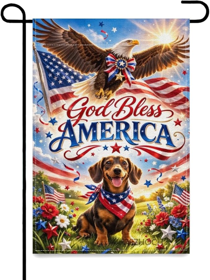 Patriotic Dachshund Garden Flag 12x18 Inch,American Independence Day Outdoor Yard USA Flag Funny Animal,Red White Blue 4th of July Lawn Porch Double Sided Outside Decor