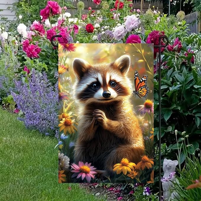 Spring Summer Raccoon Garden Flag 12x18 Double Sided, Small Burlap Seasonal Floral Butterfly Garden Flags Spring Summer Outdoor Yard Decorations for Outside Lawn Décor
