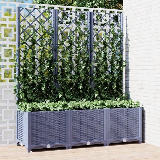 Garden Planter with Trellis Blue Gray 47.2" x 15.7" x 53.5" PP Raised Garden Bed Elevated Planter Box for Outdoor Plants with Support for Climbing Plants Like Tomatoes, Peas, and Roses