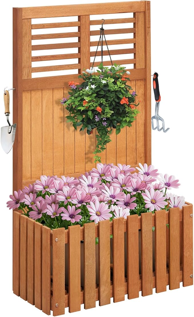 Giantex Raised Garden Bed with Trellis, 41” Wooden Potted Plant Box w/Privacy Screen, Trellis for Plant Flower Climbing Pot Hanging, Indoor & Outdoor Planter Box for Yard, Garden, Balcony
