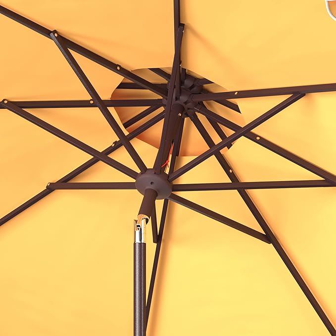 SAFAVIEH 9ft Outdoor Patio Umbrella, Double Top, Valance, Yellow & White Trim, Double Top, Auto Crank Tilt, UV Resistant for Deck, Backyard, Poolside (PAT8206B)