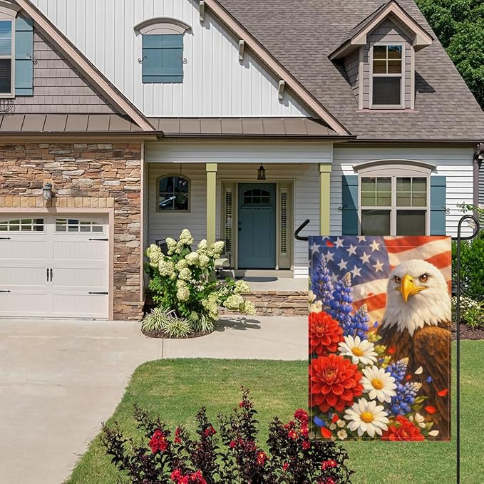 Patriotic Bald Eagle Garden Flag 28x40 Inch,USA Flag Floral Animal Outdoor Yard Red White Blue Decor,Double Sided Seasonal Lawn Porch Farm Independence Day Holiday Gift