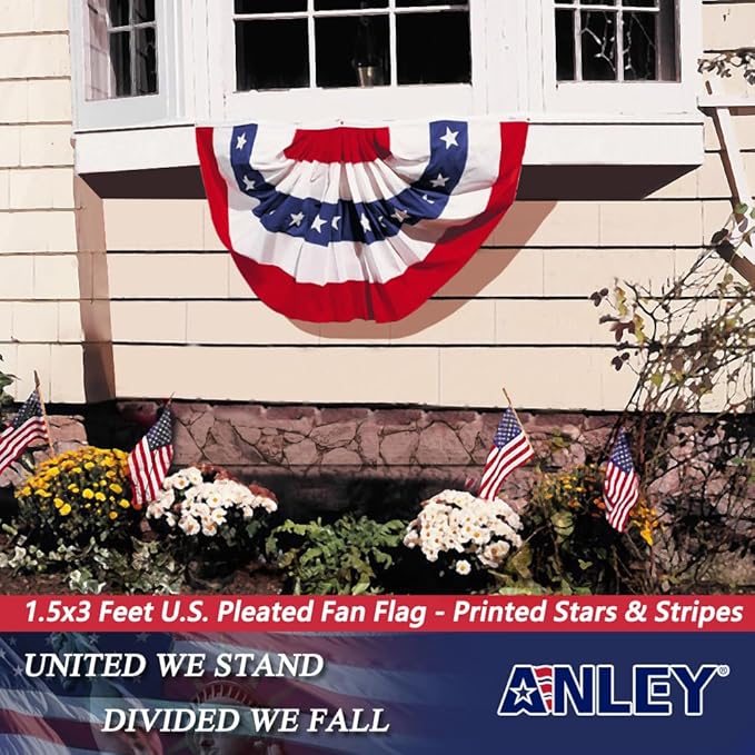 Anley US National Pleated Fan Flag, 1.5x3 ft American Bunting Flag Patriotic Stars & Stripes - Sharp Color and Fade Resistant - Canvas Header and Brass Grommets - United States 1.5 x 3 Feet Half Fan Banner