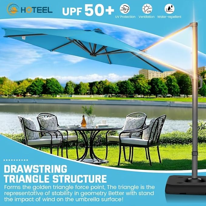 Hoteel 10ft Patio Umbrella Heavy Duty Aluminum Windproof & Shade Provision Outdoor Cantilever Round Offset Large Umbrella Height Adjustable with 360°Rotation for Patio Pool Deck Gazebo, Light Blue
