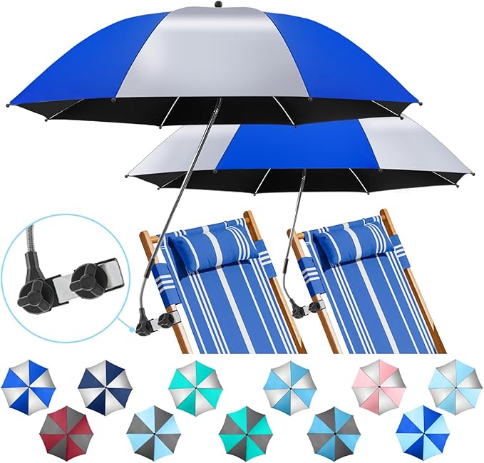 2 Pack Beach Umbrella with 360 Universal Clamp, UPF50+ Umbrella Outdoor Patio Sun Protection for Chairs, Beach &Patio Use (Not Include Chair)