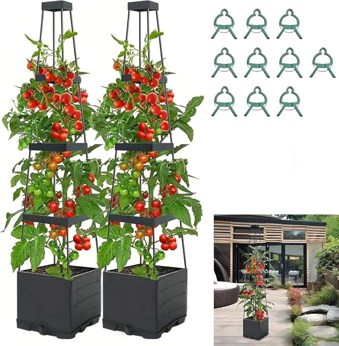 2pcs Raised Garden Bed Planter Box with Trellis 57" Self-Watering Tomato Cage Planters for for Climbing Vegetable and Plants, Raised Tomato Planter Boxes (2 pcs)